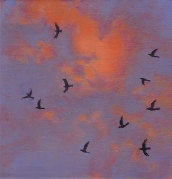 Katherine Kean, Bird by Bird 13, original oil painting, contemporary, red violet, clouds, birds, murmuration, phenomena, sky, flocking bird, modular, small