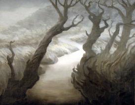 Entering the Grove - haunting monochromatic monterey cypress trunks point lobos path - contemporary landscape painting by Katherine Kean