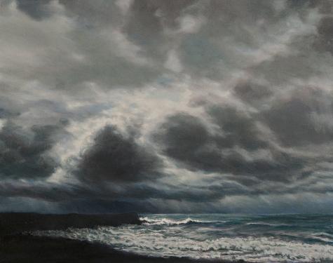 Katherine Kean, Gathering Point, original contemporary oil paintg, dark gray clouds, waves, surf, beach, ocean, storm, black lava beach, atmospheric, moody, drama 