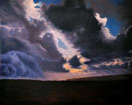Converging Conditions - purplish storm cloud deep blue steam dark lava field sunset - contemporary landscape painting by Katherine Kean