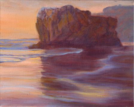 Katherine Kean, El Matador; Silhouette, Shadow, Reflection, contemporary landscape painting, Malibu, beach, orange, small