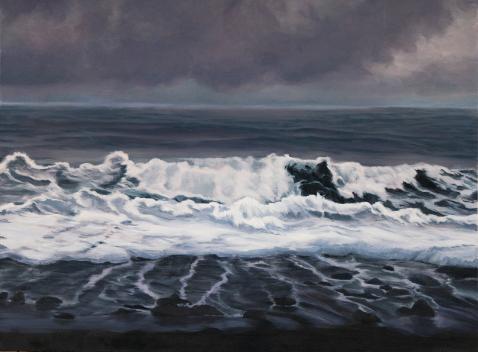 Katherine Kean, Coming in Waves, contemporary landscape painting, Kaimu, Hawaii, black sand beach, wave, ocean, atmospheric, coast