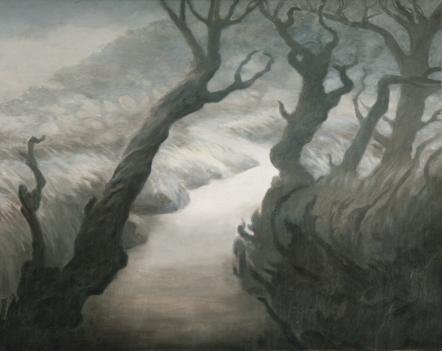 Katherine Kean, contemporary landscape painting, Point Lobos State Park, Monterey Cypress, trees, monochromatic