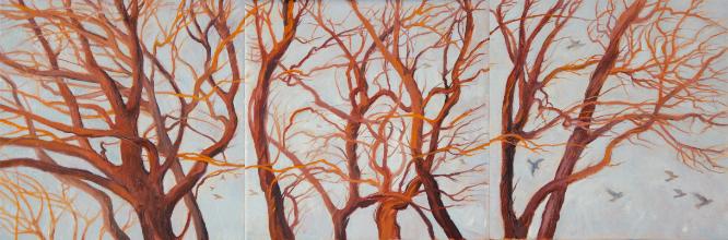 original contemporary oil paintingvivid twisting orange red bare branches light gray blue background tones flocking birds small