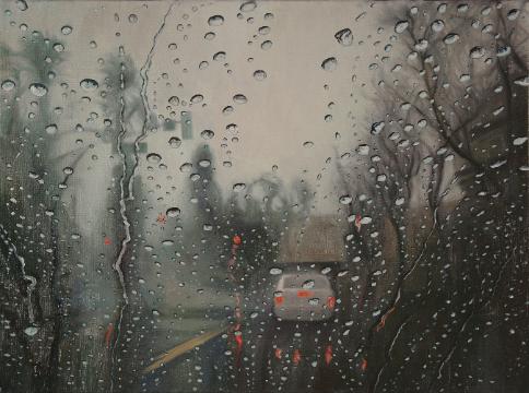 I Stop For Drops Katherine Kean oil on linen 12x16 inches original oil raindrops street scene landscape