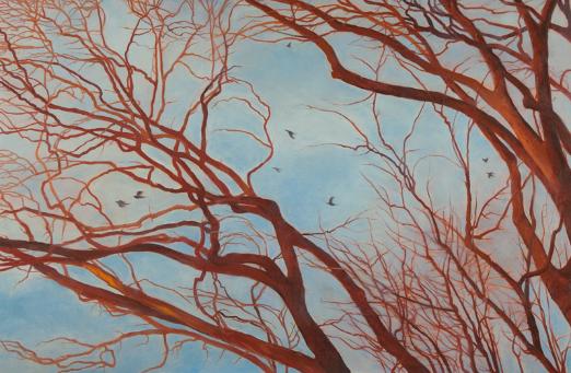 original, contemporary, oil painting, vivid, red branches, cerulean blue sky, flocking birds in flight, murmuration