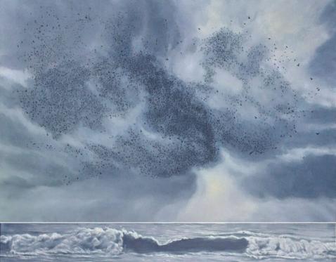Katherine Kean, Quantum Entanglement, original oil painting, contemporary, gray blue, murmuration  phenomena, ocean, sky, wave,  flocking bird storm, ethereal, two  piece modular, large, marine