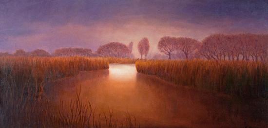Katherine Kean, Slow Release of the Day, contemporary landscape painting, sunset, tonalism, Malibu Lagoon, tranquil, warm palette, red, burnt orange, violet, panoramic